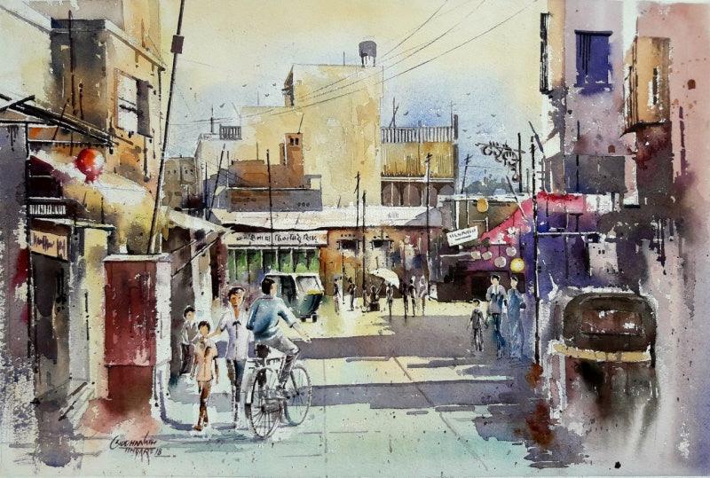 Cityscape watercolor painting titled 'MARKET', 22x17 inches, by artist SIDDHANATH TINGARE on Paper