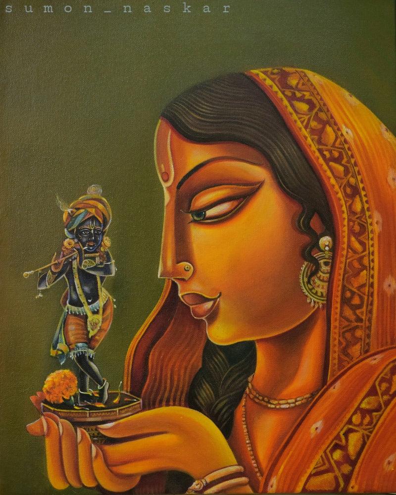 Figurative acrylic painting titled 'MEERA', 14x18 inches, by artist Sumon Naskar on Canvas