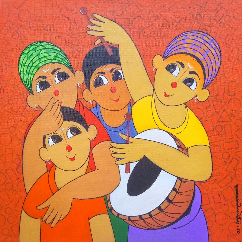 Figurative acrylic painting titled 'MUSIC 2', 24x24 inches, by artist Dnyaneshwar Bembade on CANVAS