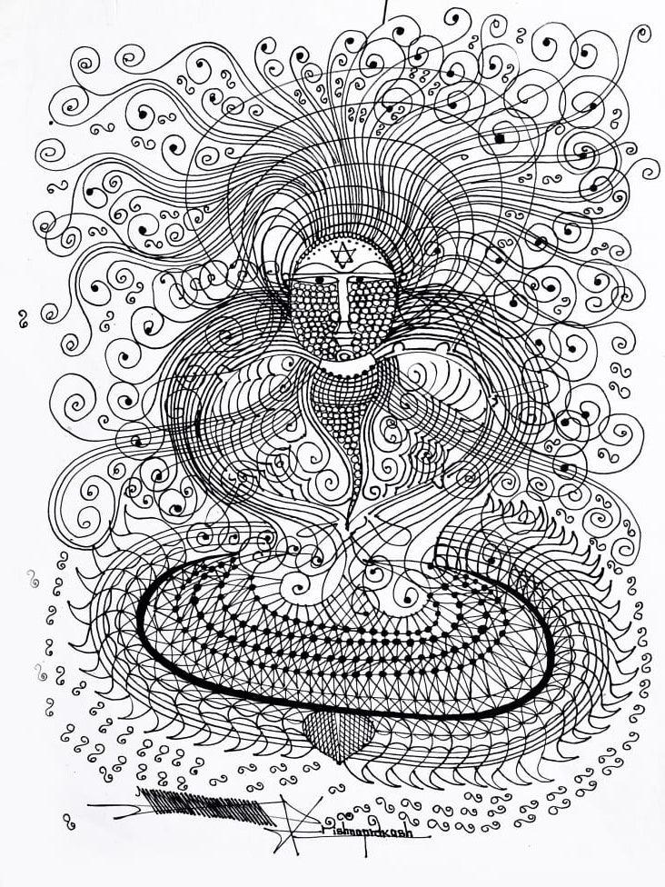 Religious mixed media drawing titled 'Maha Maya', 15x11 inches, by artist Krishnaprakash Vasant Martand on Canson paper