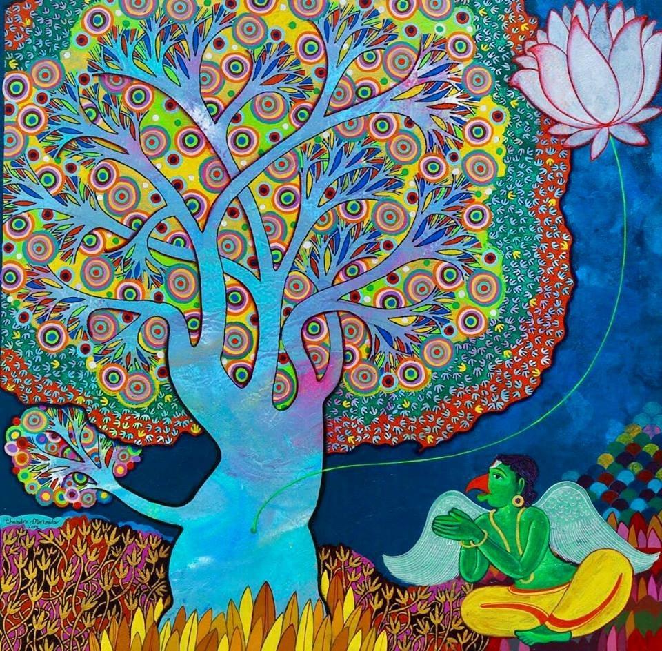 Religious mixed media painting titled 'Maha Vishnu', 24x24 inches, by artist Chandra Morkonda on Canvas