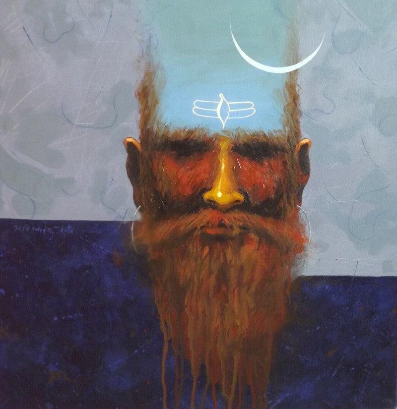 Religious acrylic painting titled 'Mahadev', 12x12 inches, by artist Avishkar Vispute on Canvas