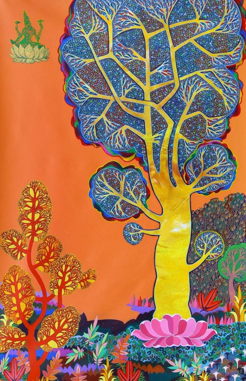 Religious mixed media painting titled 'Mahalakshmi', 56x35 inches, by artist Chandra Morkonda on Canvas