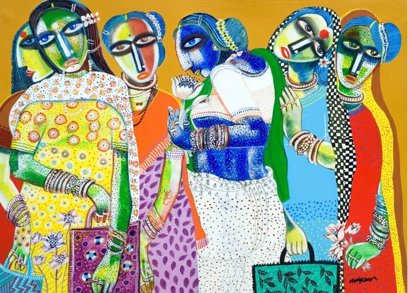 Figurative acrylic painting titled 'Market', 30x38 inches, by artist Arun K Mishra on Canvas