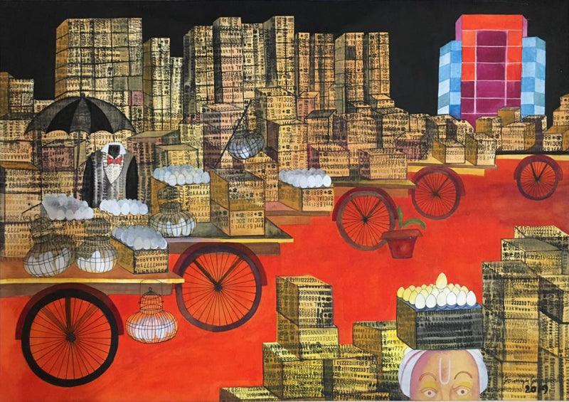 contemporary watercolor painting titled 'Market', 22x26 inches, by artist Soumya Samanta on Paper