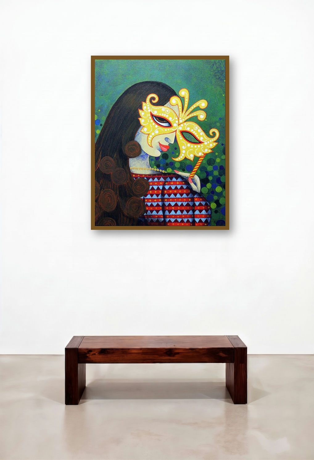 Mask 2 (The Veiled Gaze) by artist Varsha Kharatamal displayed in a Urban Loft Bedroom