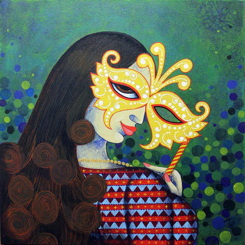 Figurative acrylic painting titled 'Mask 2', 24x24 inches, by artist Varsha Kharatamal on Canvas