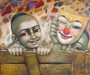 Figurative acrylic painting titled 'Mask', 30x36 inches, by artist Apet Pramod on Canvas