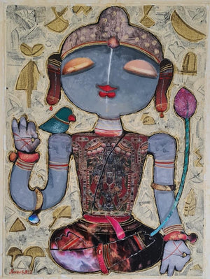 Religious mixed media painting titled 'Meditating Buddha', 24x18 inches, by artist G Subramanian on Canvas