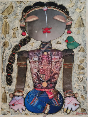 meditation mixed media painting titled 'Meditating Girl', 24x18 inches, by artist G Subramanian on Canvas