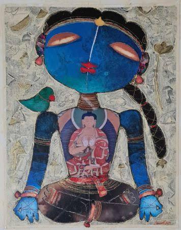 Religious mixed media painting titled 'Meditating Girl', 22x18 inches, by artist G Subramanian on Canvas