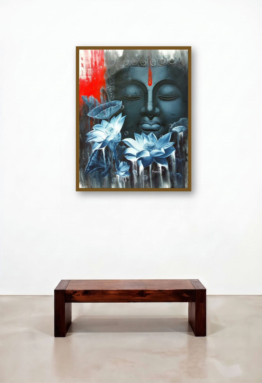 Meditation (Enlightenment and Serenity Buddha Surrounded by artist Lotus Flowers) by artist Pradeep Kumar displayed in a Art Deco Library