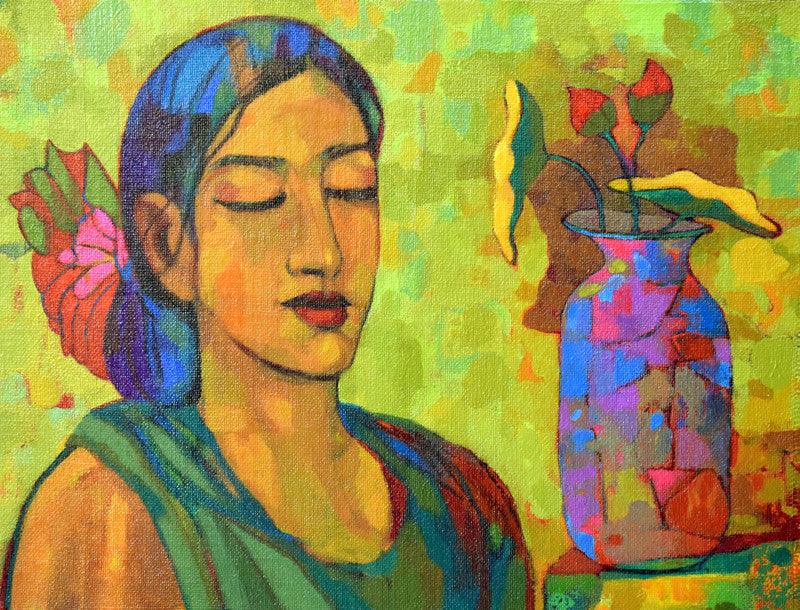 Figurative acrylic painting titled 'Meditation', 18x24 inches, by artist Avinash Mokashe on Canvas Board