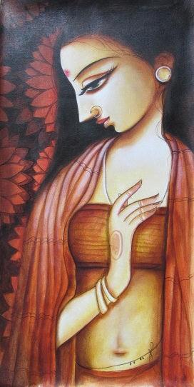 Religious acrylic painting titled 'Meera', 24x12 inches, by artist Pradeep Swain on Canvas