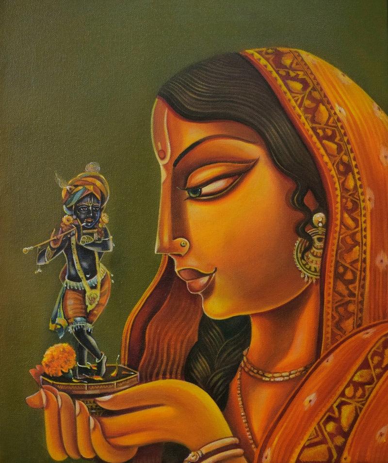 Religious acrylic painting titled 'Meera', 18x14 inches, by artist Sumon Naskar on Canvas