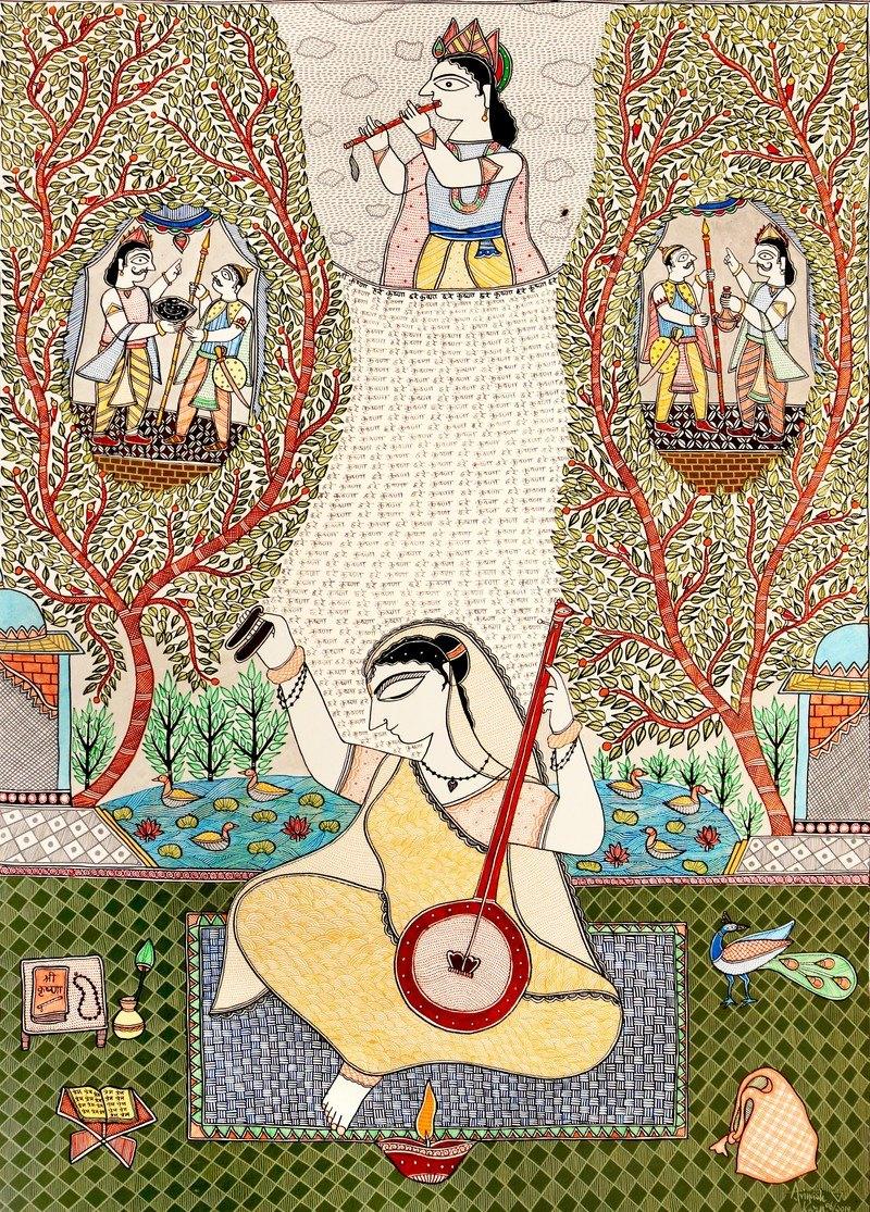 Religious acrylic painting titled 'Meera Bai', 30x22 inches, by artist Avinash Karn on Paper