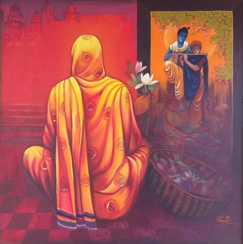 Religious acrylic oil painting titled 'Meera With Krishna', 36x36 inches, by artist Ram Onkar on Canvas