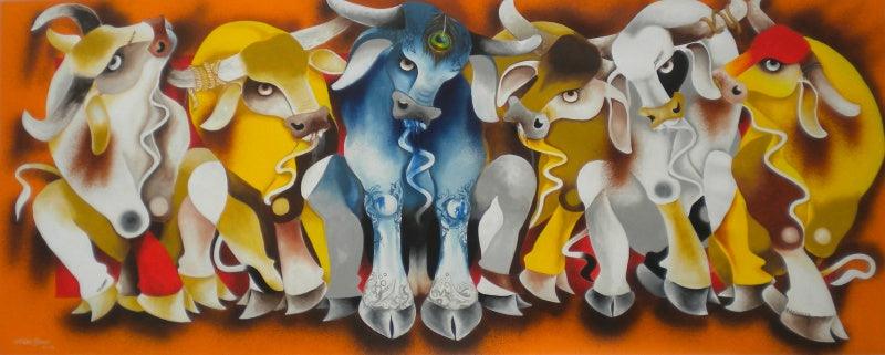 Animals acrylic painting titled 'Meeting', 24x60 inches, by artist Uttam Manna on Canvas