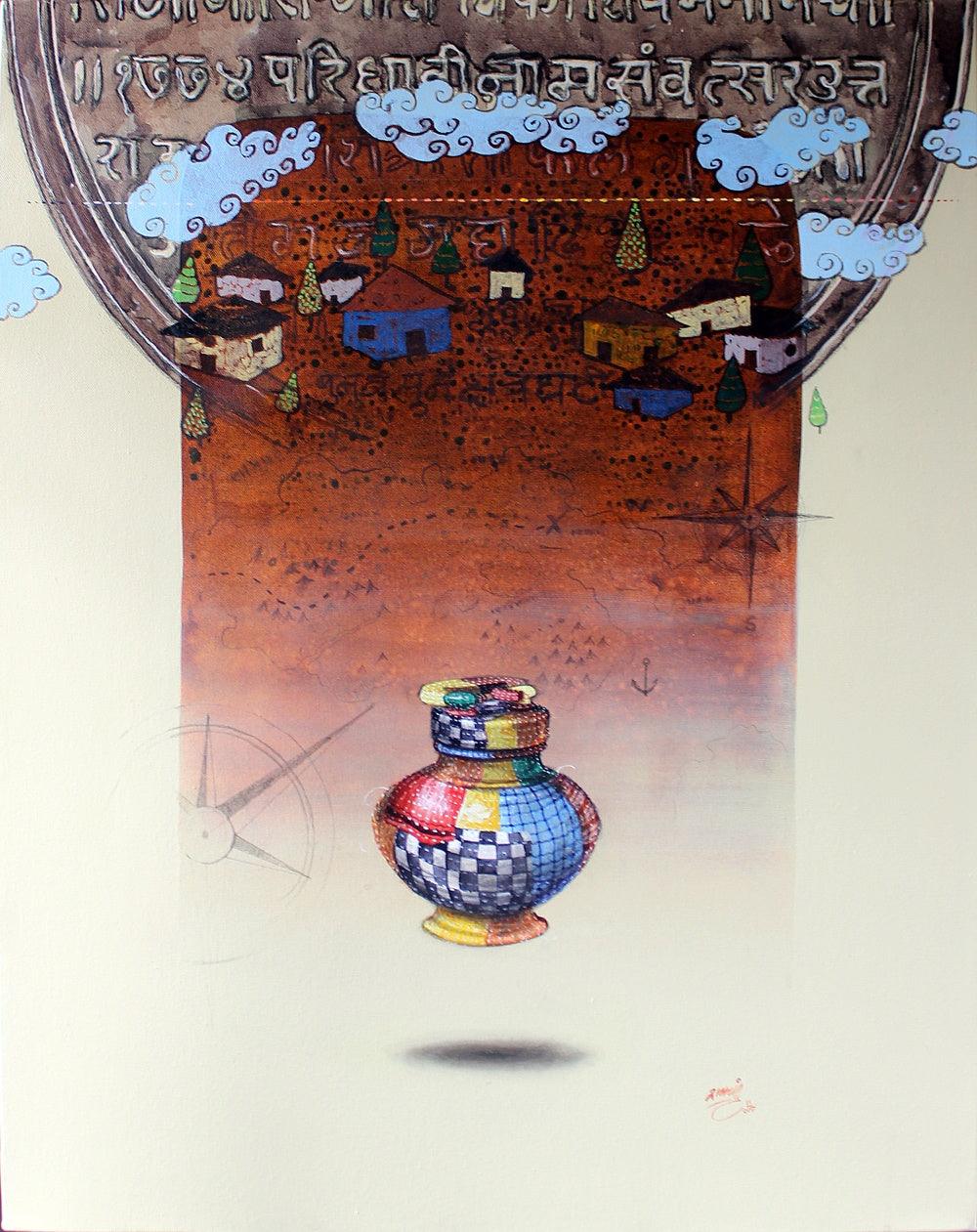 Figurative acrylic charcoal painting titled 'Memory', 30x24 inches, by artist Ramchandra Kharatmal on Paper