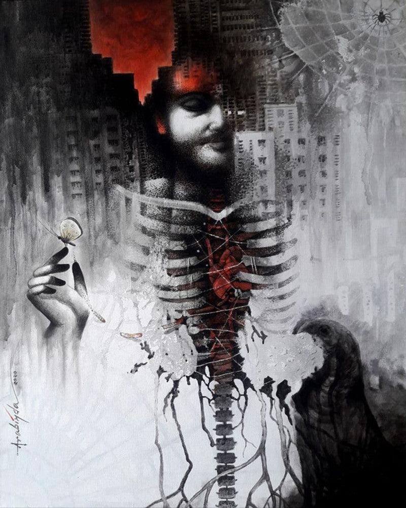 Figurative acrylic painting titled 'Metamorphosis', 30x24 inches, by artist Arabinda Samanta on Canvas