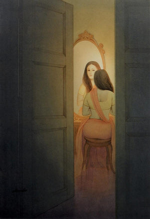 Figurative watercolor painting titled 'Mirror', 22x15 inches, by artist Rajib Gain on Paper