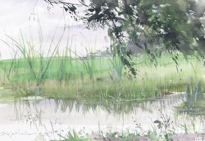 Landscape watercolor painting titled 'Mirror', 11x15 inches, by artist Dilip Dudhane on Paper