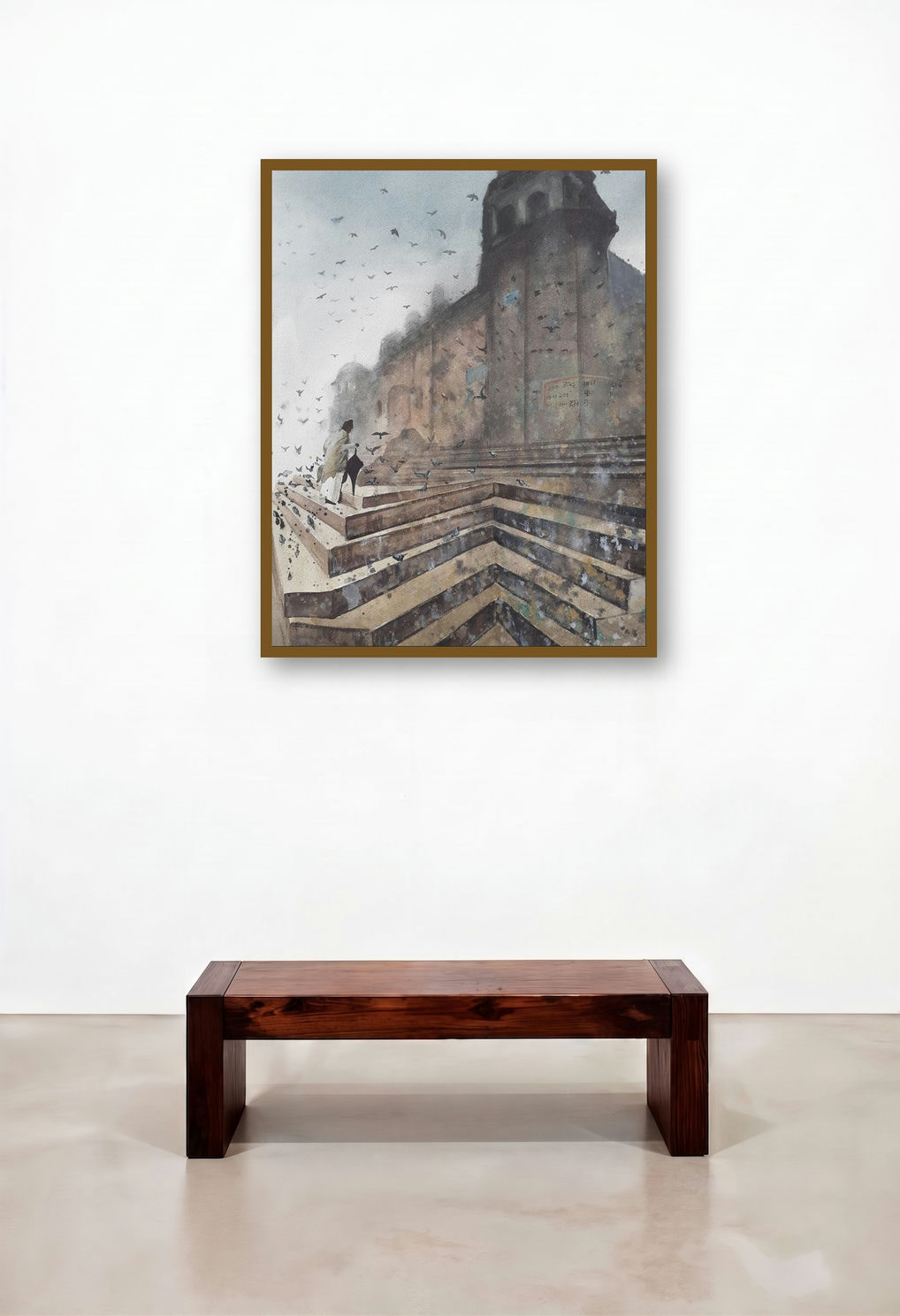 Misty Banaras Ghats (Dawn at the Ghats) by artist Mrutyunjaya Dash displayed in a Boutique Hotel Style Dining Room