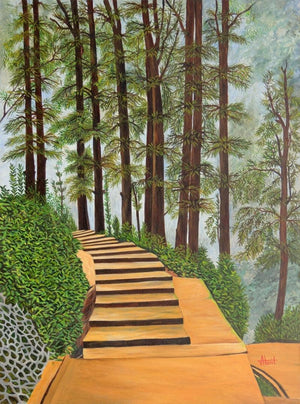 Misty Morning (Path Through the Pines) by Ajay Harit, Original Oil Lifestyle Painting on Canvas, Large Vertical Wall Art