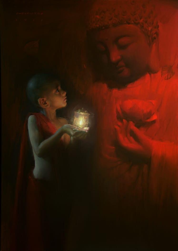 Religious oil painting titled 'Monk 2', 42x35 inches, by artist Pramod Kurlekar on Canvas