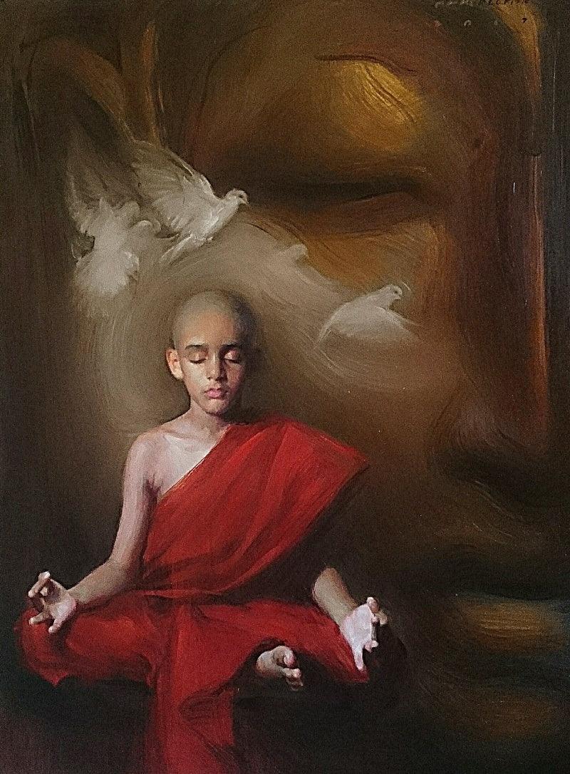 Religious oil painting titled 'Monk', 36x48 inches, by artist Pramod Kurlekar on canvas