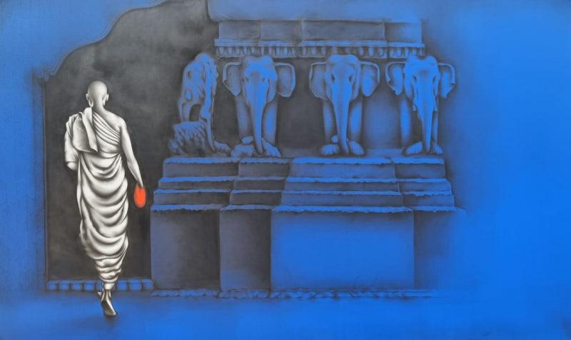 Religious charcoal painting titled 'Monk', 36x72 inches, by artist Yuvraj Patil on Canvas