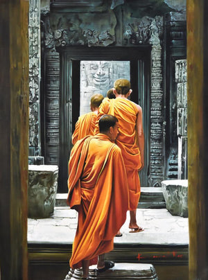 Figurative oil painting titled 'Monks', 36x48 inches, by artist Kamal Rao on Canvas