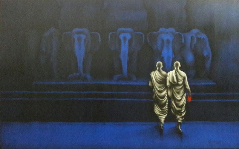 Religious charcoal drawing titled 'Monks', 30x48 inches, by artist Yuvraj Patil on Canvas