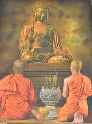 Figurative oil painting titled 'Monks and the Master', 36x48 inches, by artist Kamal Rao on Canvas