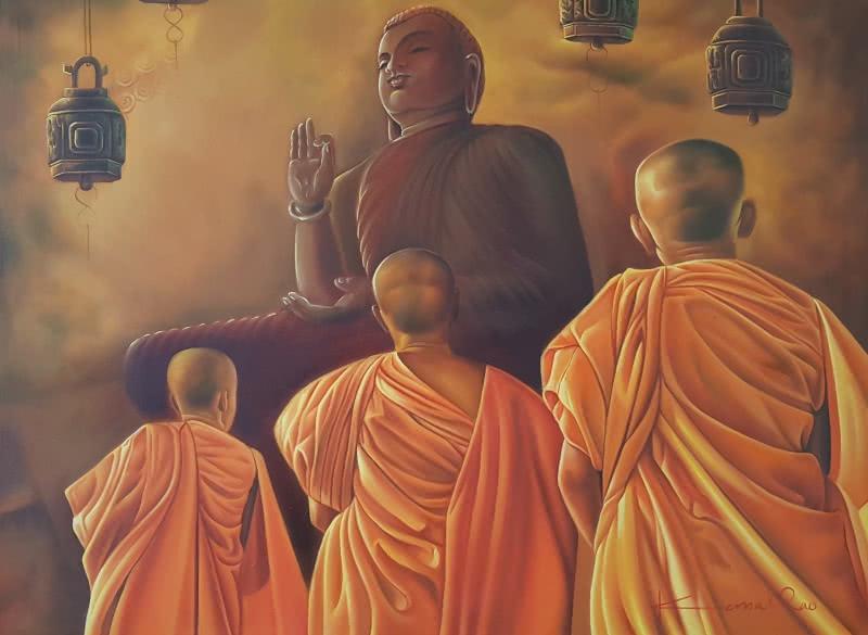 Religious oil painting titled 'Monks and the Master', 48x35 inches, by artist Kamal Rao on Canvas