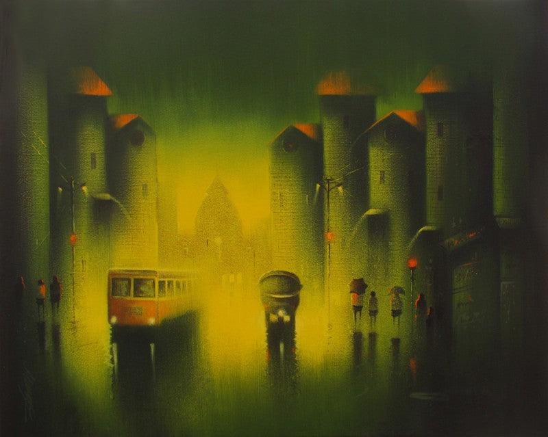 Cityscape acrylic painting titled 'Monsoon', 20x30 inches, by artist Somnath Bothe on Canvas