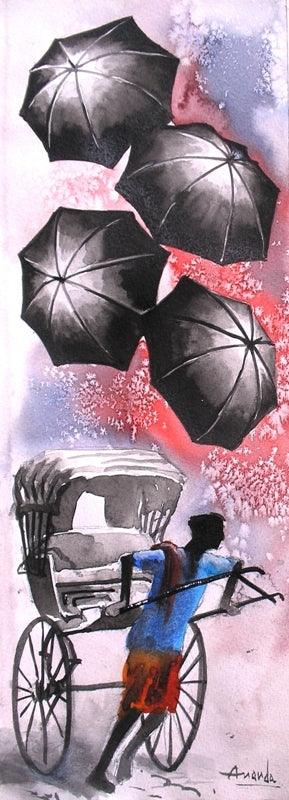 Figurative watercolor painting titled 'Monsoon I', 15x5 inches, by artist Ananda Das on Paper