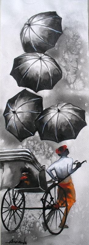 Figurative watercolor painting titled 'Monsoon II', 15x5 inches, by artist Ananda Das on Paper