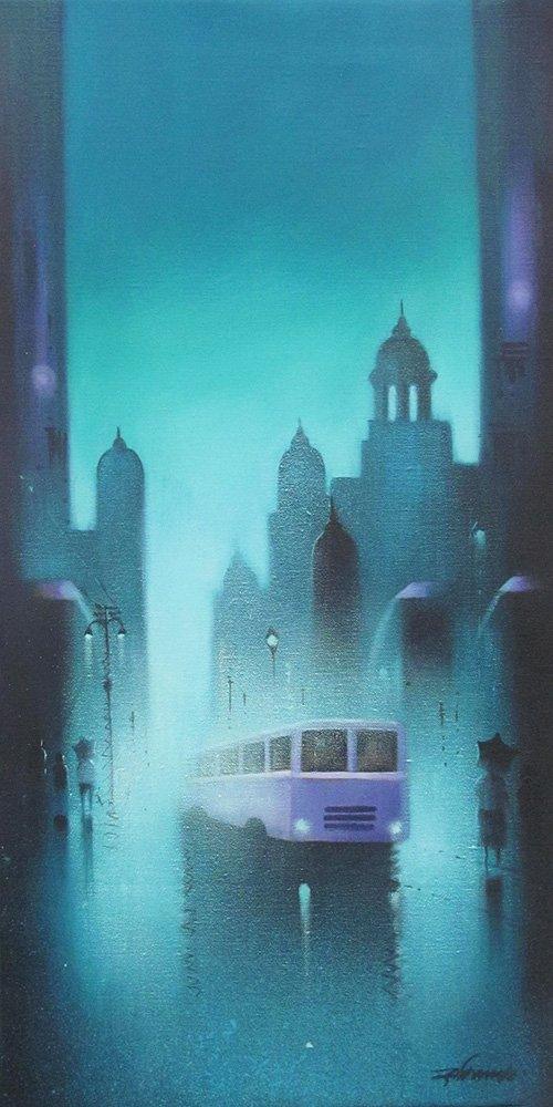 Landscape acrylic painting titled 'Monsoon Night', 12x24 inches, by artist Somnath Bothe on Canvas