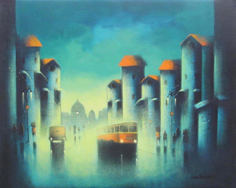Landscape acrylic painting titled 'Monsoon Ride', 24x30 inches, by artist Somnath Bothe on Canvas