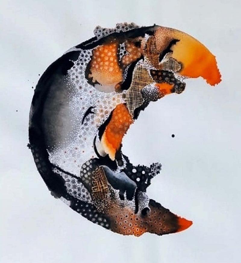 Abstract mixed media painting titled 'Moon', 48x36 inches, by artist Huma Khan on Canvas