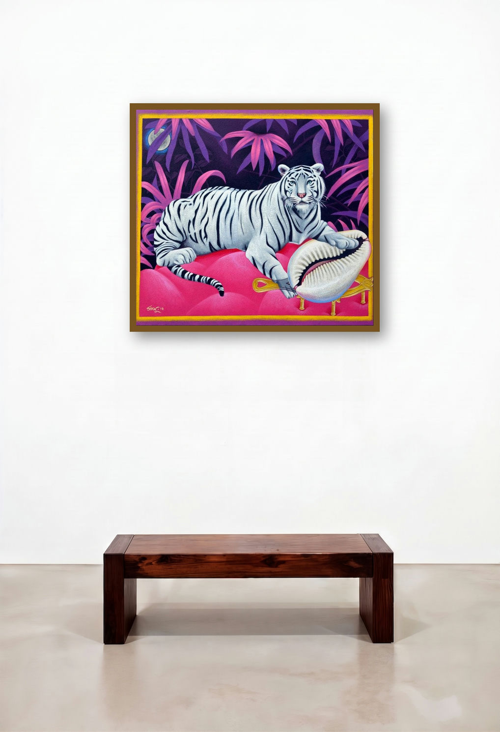 Moon (White Tiger in the Moonlit Jungle) by artist Ramu Das displayed in a Urban Loft Family Room