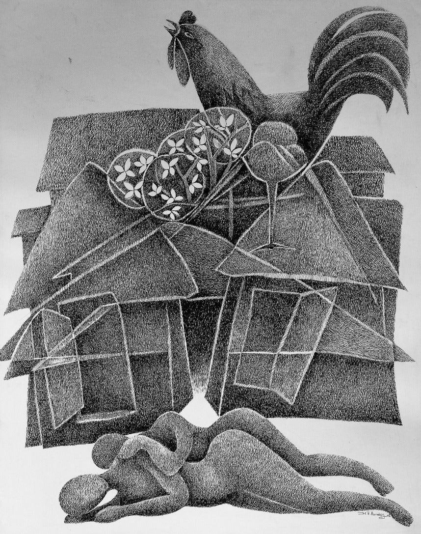 Figurative pen ink drawing titled 'Morning Alarm', 27x22 inches, by artist N P Pandey on Paper