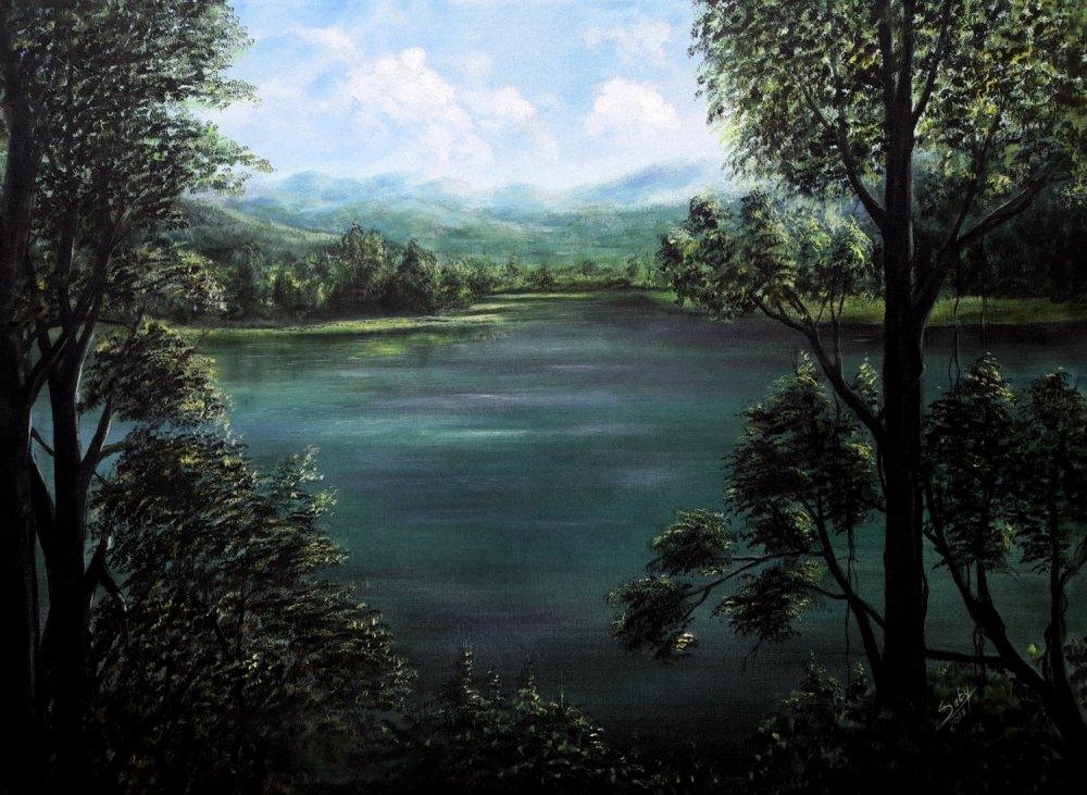 Nature acrylic painting titled 'Morning', 34x43 inches, by artist Seby Augustine on Canvas
