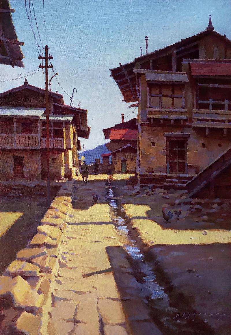 Cityscape acrylic painting titled 'Morning', 26x18 inches, by artist Siddharth Gavade on Canvas