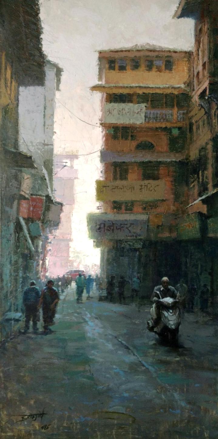 Cityscape acrylic painting titled 'Morning Glory', 48x24 inches, by artist Suresh Jangid on Stretch Canvas