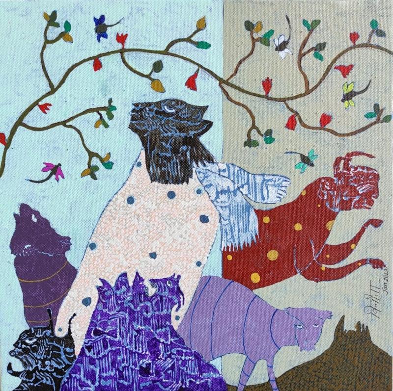 contemporary acrylic painting titled 'Morning Glory', 12x12 inches, by artist Veenita Chendvankar on Canvas