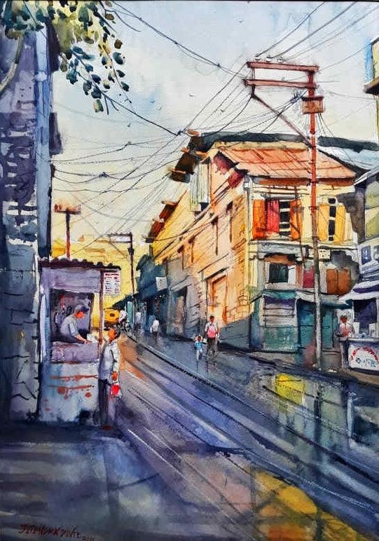 Cityscape watercolor painting titled 'Morning Light', 16x12 inches, by artist Jitendra Divte on Paper