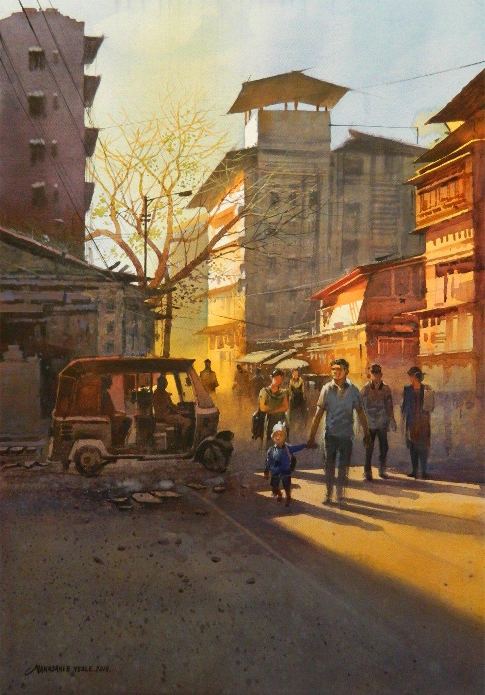 Cityscape watercolor painting titled 'Morning Light', 30x21 inches, by artist NanaSaheb Yeole on Paper