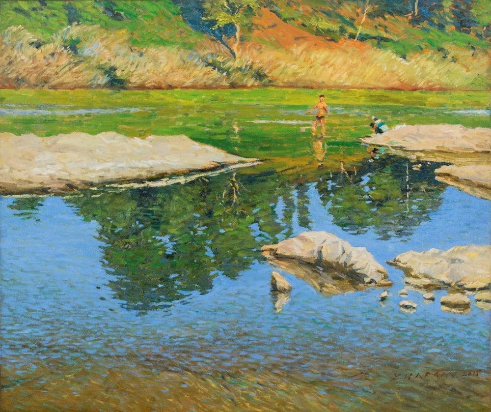 Landscape oil painting titled 'Morning Light', 36x30 inches, by artist Bhargavkumar Kulkarni on Canvas